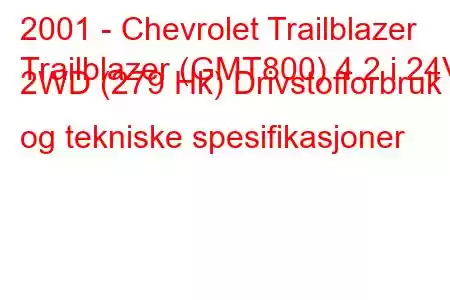 2001 - Chevrolet Trailblazer
Trailblazer (GMT800) 4.2 i 24V 2WD (279 Hk) Drivstofforbruk og tekniske spesifikasjoner