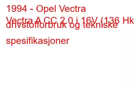 1994 - Opel Vectra
Vectra A CC 2.0 i 16V (136 Hk) drivstofforbruk og tekniske spesifikasjoner