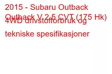 2015 - Subaru Outback
Outback V 2.5 CVT (175 Hk) 4WD drivstofforbruk og tekniske spesifikasjoner