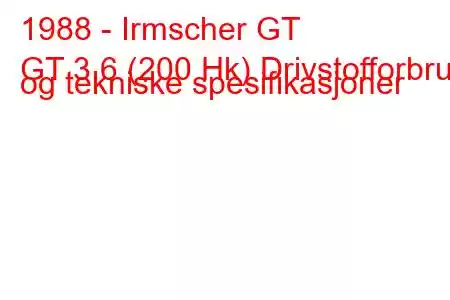 1988 - Irmscher GT
GT 3.6 (200 Hk) Drivstofforbruk og tekniske spesifikasjoner