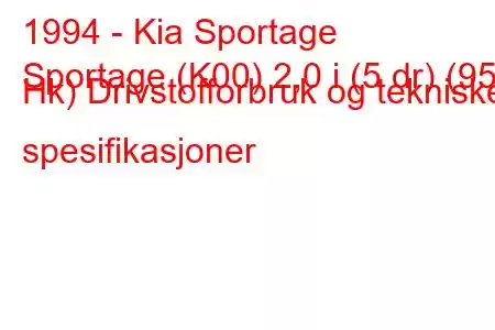 1994 - Kia Sportage
Sportage (K00) 2,0 i (5 dr) (95 Hk) Drivstofforbruk og tekniske spesifikasjoner