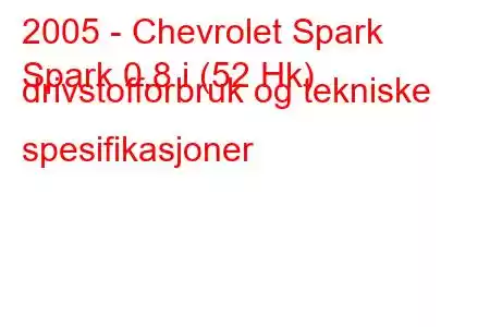 2005 - Chevrolet Spark
Spark 0,8 i (52 Hk) drivstofforbruk og tekniske spesifikasjoner