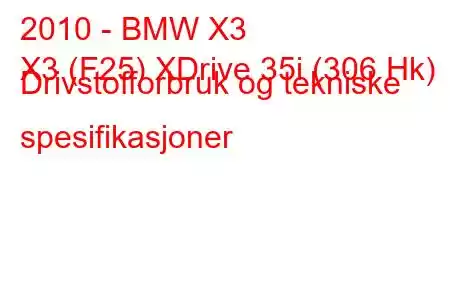 2010 - BMW X3
X3 (F25) XDrive 35i (306 Hk) Drivstofforbruk og tekniske spesifikasjoner