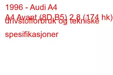 1996 - Audi A4
A4 Avant (8D,B5) 2,8 (174 hk) drivstofforbruk og tekniske spesifikasjoner