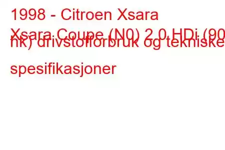 1998 - Citroen Xsara
Xsara Coupe (N0) 2.0 HDi (90 hk) drivstofforbruk og tekniske spesifikasjoner