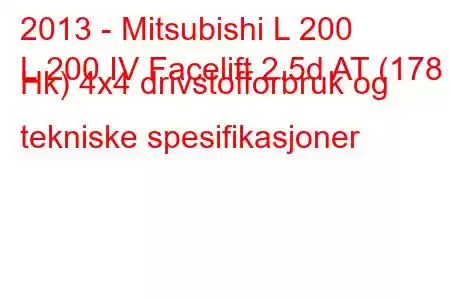 2013 - Mitsubishi L 200
L 200 IV Facelift 2.5d AT (178 Hk) 4x4 drivstofforbruk og tekniske spesifikasjoner