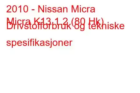 2010 - Nissan Micra
Micra K13 1.2 (80 Hk) Drivstofforbruk og tekniske spesifikasjoner