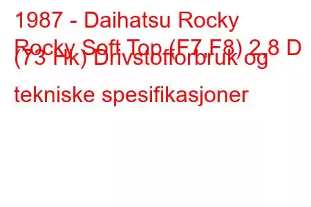 1987 - Daihatsu Rocky
Rocky Soft Top (F7,F8) 2,8 D (73 Hk) Drivstofforbruk og tekniske spesifikasjoner