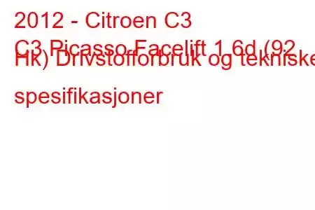 2012 - Citroen C3
C3 Picasso Facelift 1.6d (92 Hk) Drivstofforbruk og tekniske spesifikasjoner