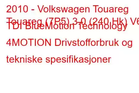 2010 - Volkswagen Touareg
Touareg (7P5) 3.0 (240 Hk) V6 TDI BlueMotion Technology 4MOTION Drivstofforbruk og tekniske spesifikasjoner