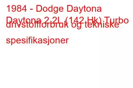 1984 - Dodge Daytona
Daytona 2,2L (142 Hk) Turbo drivstoffforbruk og tekniske spesifikasjoner