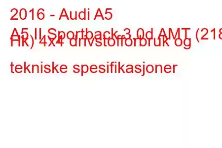 2016 - Audi A5
A5 II Sportback 3.0d AMT (218 Hk) 4x4 drivstofforbruk og tekniske spesifikasjoner