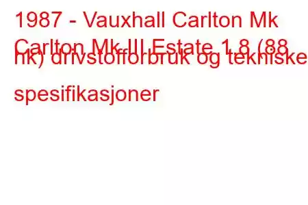 1987 - Vauxhall Carlton Mk
Carlton Mk III Estate 1.8 (88 hk) drivstofforbruk og tekniske spesifikasjoner