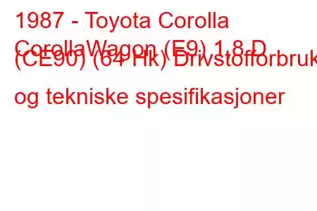 1987 - Toyota Corolla
CorollaWagon (E9) 1,8 D (CE90) (64 Hk) Drivstofforbruk og tekniske spesifikasjoner