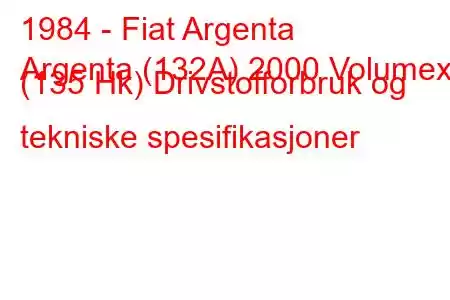 1984 - Fiat Argenta
Argenta (132A) 2000 Volumex (135 Hk) Drivstofforbruk og tekniske spesifikasjoner