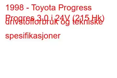 1998 - Toyota Progress
Progres 3.0 i 24V (215 Hk) drivstofforbruk og tekniske spesifikasjoner