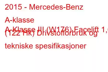 2015 - Mercedes-Benz A-klasse
A-Klasse III (W176) Facelift 1,6 (122 Hk) Drivstofforbruk og tekniske spesifikasjoner