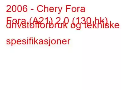 2006 - Chery Fora
Fora (A21) 2.0 (130 hk) drivstofforbruk og tekniske spesifikasjoner