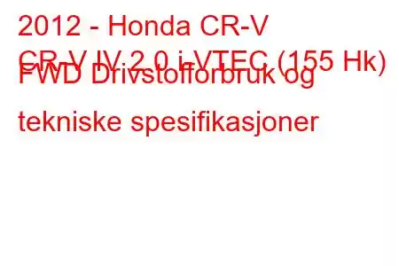 2012 - Honda CR-V
CR-V IV 2.0 i-VTEC (155 Hk) FWD Drivstofforbruk og tekniske spesifikasjoner