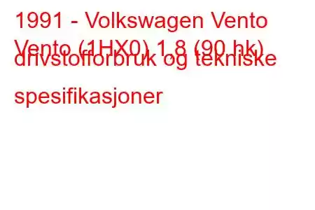 1991 - Volkswagen Vento
Vento (1HX0) 1,8 (90 hk) drivstofforbruk og tekniske spesifikasjoner