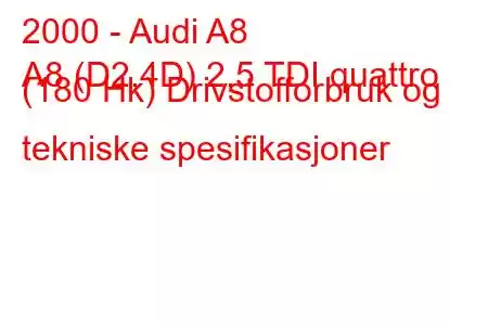 2000 - Audi A8
A8 (D2,4D) 2,5 TDI quattro (180 Hk) Drivstofforbruk og tekniske spesifikasjoner