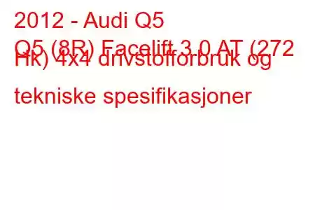 2012 - Audi Q5
Q5 (8R) Facelift 3.0 AT (272 Hk) 4x4 drivstofforbruk og tekniske spesifikasjoner