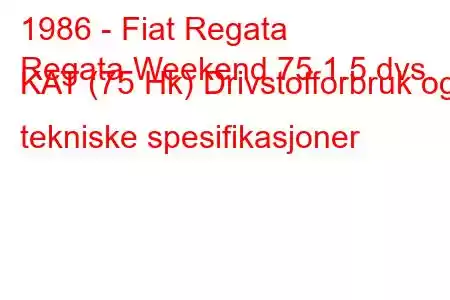 1986 - Fiat Regata
Regata Weekend 75 1.5 dvs. KAT (75 Hk) Drivstofforbruk og tekniske spesifikasjoner