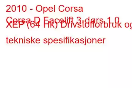 2010 - Opel Corsa
Corsa D Facelift 3-dørs 1.0 XEP (64 Hk) Drivstofforbruk og tekniske spesifikasjoner