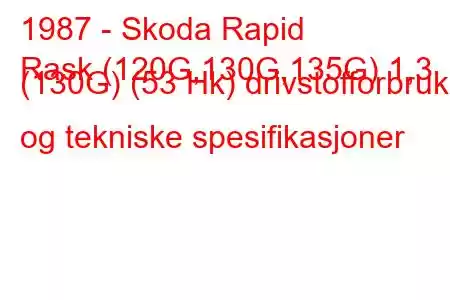 1987 - Skoda Rapid
Rask (120G,130G,135G) 1,3 (130G) (53 Hk) drivstofforbruk og tekniske spesifikasjoner