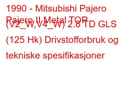 1990 - Mitsubishi Pajero
Pajero II Metal TOP (V2_W,V4_W) 2.8 TD GLS (125 Hk) Drivstofforbruk og tekniske spesifikasjoner