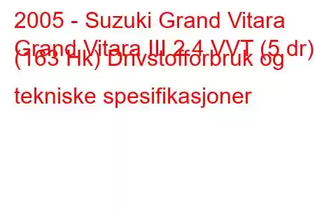 2005 - Suzuki Grand Vitara
Grand Vitara III 2.4 VVT (5 dr) (163 Hk) Drivstofforbruk og tekniske spesifikasjoner