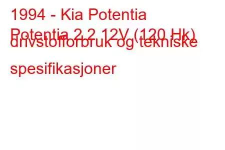 1994 - Kia Potentia
Potentia 2.2 12V (120 Hk) drivstofforbruk og tekniske spesifikasjoner