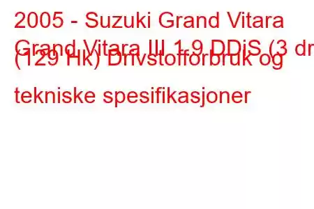 2005 - Suzuki Grand Vitara
Grand Vitara III 1.9 DDiS (3 dr) (129 Hk) Drivstofforbruk og tekniske spesifikasjoner