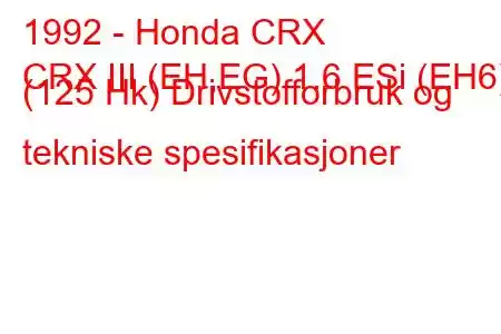 1992 - Honda CRX
CRX III (EH,EG) 1.6 ESi (EH6) (125 Hk) Drivstofforbruk og tekniske spesifikasjoner