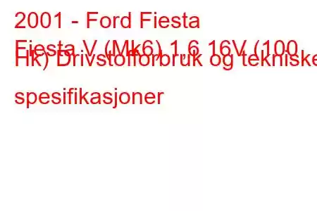 2001 - Ford Fiesta
Fiesta V (Mk6) 1,6 16V (100 Hk) Drivstofforbruk og tekniske spesifikasjoner