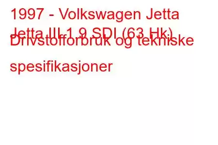 1997 - Volkswagen Jetta
Jetta III 1.9 SDI (63 Hk) Drivstofforbruk og tekniske spesifikasjoner