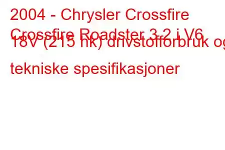 2004 - Chrysler Crossfire
Crossfire Roadster 3.2 i V6 18V (215 hk) drivstofforbruk og tekniske spesifikasjoner