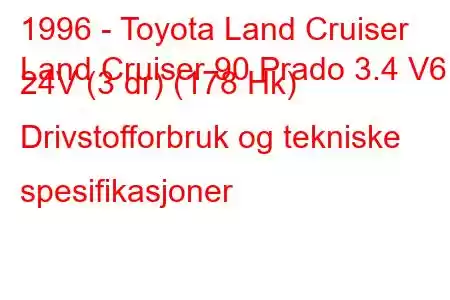 1996 - Toyota Land Cruiser
Land Cruiser 90 Prado 3.4 V6 24V (3 dr) (178 Hk) Drivstofforbruk og tekniske spesifikasjoner