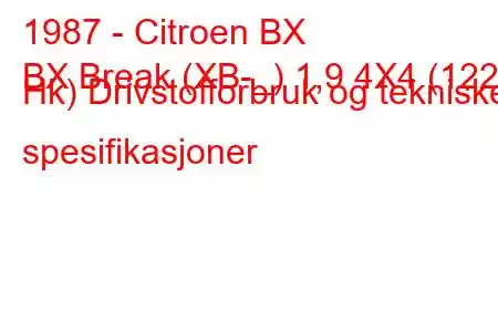 1987 - Citroen BX
BX Break (XB-_) 1,9 4X4 (122 Hk) Drivstofforbruk og tekniske spesifikasjoner