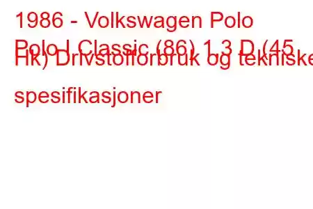 1986 - Volkswagen Polo
Polo I Classic (86) 1,3 D (45 Hk) Drivstofforbruk og tekniske spesifikasjoner