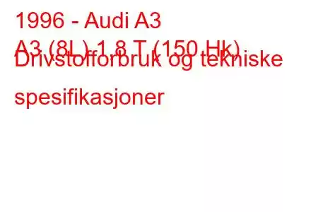 1996 - Audi A3
A3 (8L) 1,8 T (150 Hk) Drivstofforbruk og tekniske spesifikasjoner