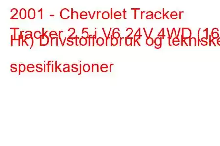 2001 - Chevrolet Tracker
Tracker 2.5 i V6 24V 4WD (167 Hk) Drivstofforbruk og tekniske spesifikasjoner