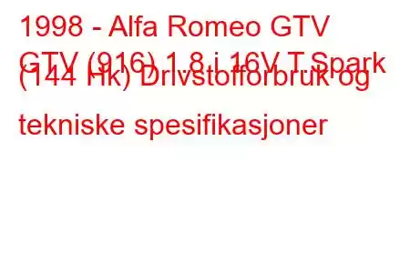 1998 - Alfa Romeo GTV
GTV (916) 1.8 i 16V T.Spark (144 Hk) Drivstofforbruk og tekniske spesifikasjoner