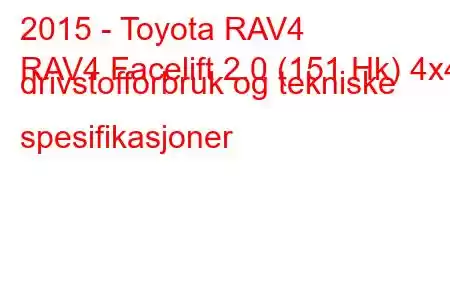 2015 - Toyota RAV4
RAV4 Facelift 2.0 (151 Hk) 4x4 drivstofforbruk og tekniske spesifikasjoner