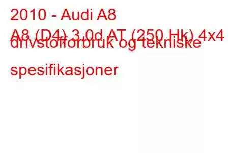 2010 - Audi A8
A8 (D4) 3.0d AT (250 Hk) 4x4 drivstofforbruk og tekniske spesifikasjoner