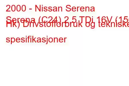 2000 - Nissan Serena
Serena (C24) 2,5 TDi 16V (150 Hk) Drivstofforbruk og tekniske spesifikasjoner