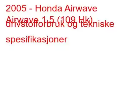 2005 - Honda Airwave
Airwave 1,5 (109 Hk) drivstofforbruk og tekniske spesifikasjoner