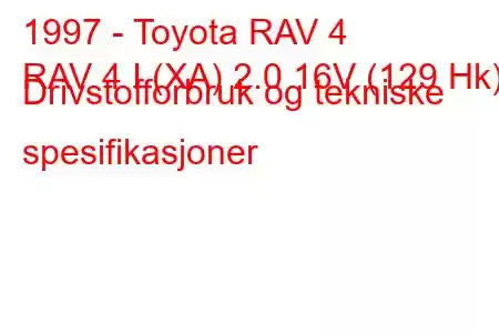 1997 - Toyota RAV 4
RAV 4 I (XA) 2.0 16V (129 Hk) Drivstofforbruk og tekniske spesifikasjoner