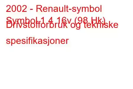 2002 - Renault-symbol
Symbol 1.4 16v (98 Hk) Drivstofforbruk og tekniske spesifikasjoner