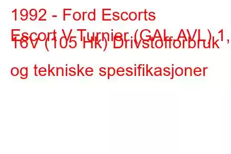 1992 - Ford Escorts
Escort V Turnier (GAL,AVL) 1,8 16V (105 Hk) Drivstofforbruk og tekniske spesifikasjoner